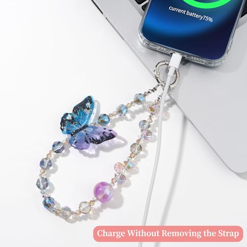 WOZEAH Phone Charm for Women, Beaded Wrist Strap Lanyard with Tether Tab – Anti-Theft Hands-Free Detachable Phone Chain Wristlet - color: Purple-blue Butterfly