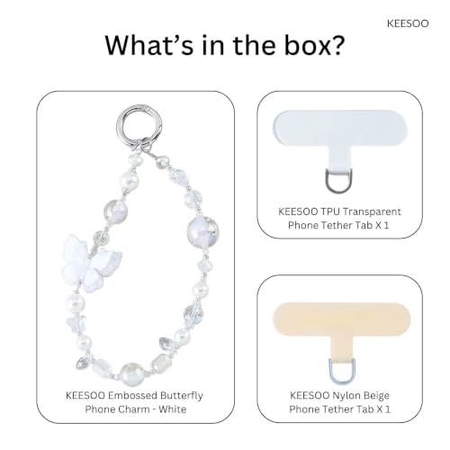 Original Design Phone Charm with 2 Tether Tabs – Stylish, Durable, and Hands-Free Phone Chain – Compatible with iPhone, Samsung, Pixel & More (13 Embossed Butterfly - White) - color: 13 Embossed Butterfly - White