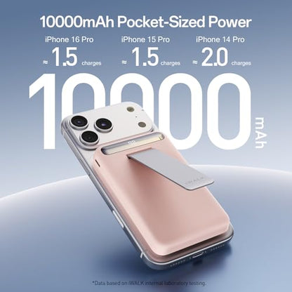 iWALK Qi2 Certified 15W Magnetic Wireless Power Bank, 10000mAh Fast Charging Portable Charger with Adjustable Stand and LED Display, Compatible with iPhone 18/17/16/15/14/13/12 - color: Pink