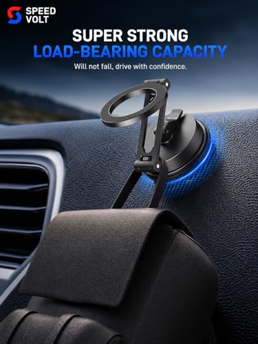 Magnetic Car Phone Mount for Dashboard Windshield - Heavy Duty MagSafe Compatible Holder with 20 N52 Magnets, Long Foldable Arm, 360° Rotation, Suction Cup Base for iPhone & Android