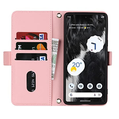 Crossbody Wallet for Google Pixel 7 Case with Strap,6.3",Pink | Long Shoulder Strap,Credit Card Holder, PU Leather, Handbag Purse, Kickstand, Make Up Mirror, Cover Case, for Women Girls - color: Pink