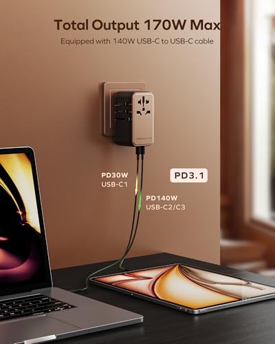 MOMAX 170W GaN Universal Travel Adapter, High-Power Travel Charging - size: 170 W
