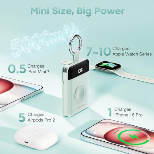 5000mAh Portable Charger w/Display,20W Power Bank&iWatch Charger - color: Green, size: 5000mAh