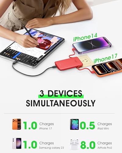 TG90° 5000mah Ultra Slim Power Bank Built-in AC Plug & 2 Cables,Red - color: Red