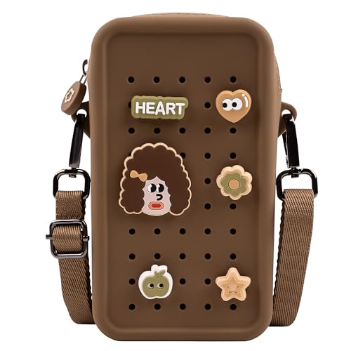 Silicone Crossbody Bag for Women, DIY Charm Compatible Perforated Hole Design, Compact Waterproof Lightweight Phone Purse with Adjustable Strap for Daily Use (Brown) - color: Brown