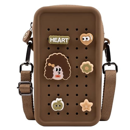 Silicone Crossbody Bag for Women, DIY Charm Compatible Perforated Hole Design, Compact Waterproof Lightweight Phone Purse with Adjustable Strap for Daily Use (Brown) - color: Brown