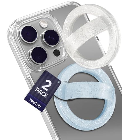 Encased LoopGrips for MagSafe (2 Pack), Magnetic Detachable Phone Holder, Silicone Finger Grip Rings - Designed for iPhone 14/15/16 Pro Max (Clear Sparkle & Glitter Blue) - color: Blue Glitter