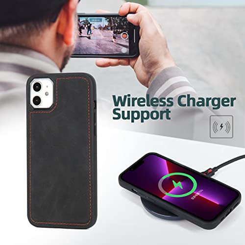 TwoHead for iPhone 11 Wallet case with 11 Card Holder (Black) | Detachable Magnetic Phone Case, PU Leather Wallet for Women/Men,Wireless Charging Compatible,with Wrist Strap - color: Black