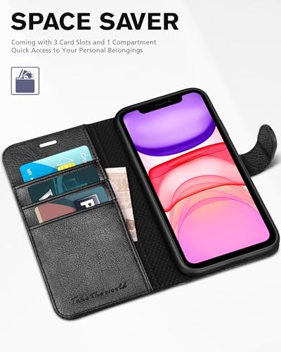 TUCCH Wallet Case for iPhone 11 (6.1") 2019, 3 Card Holders, Textured Black | RFID Blocking, Viewing Stand, Shockproof TPU Shell, PU Leather, Magnetic Closure, Protective Folio Flip Cover - color: Black - Textured