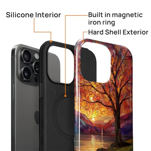 Magnetic Phone Case for iPhone 15 Pro Max,Compatible with MagSafe,Durable 2 Layers Full Covered Shockproof Protective Cover-Stained Glass Sunrise Fall Leaves - color: Stained Glass Sunrise Fall Leaves, size: iPhone 15 Pro Max