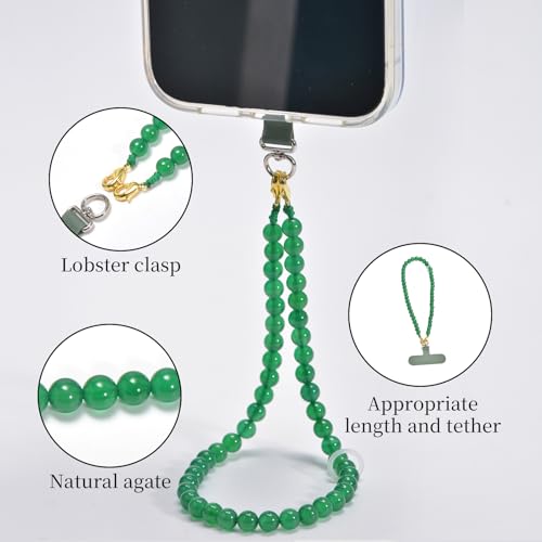 Agate Beaded Phone Wrist Strap for Women Men Stone Beads Charm Handmade Cellphone Chain Lanyard with Tether Tab - color: Green-1, size: 8mm Beads
