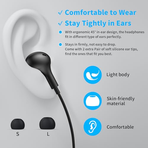 USB C Headphones for iPhone 18 Pro Max 17 16 15/Galaxy S26 FE Wired Earbuds - color: Black