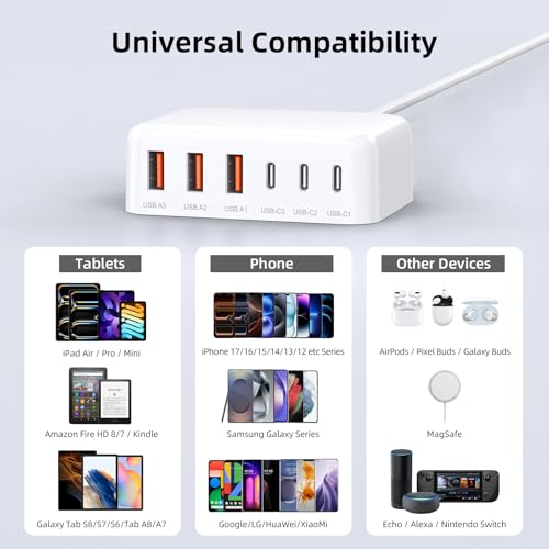 100W 6 in 1 USB Charger, 50% Smaller Charging Station for Multiple Devices - color: A-White