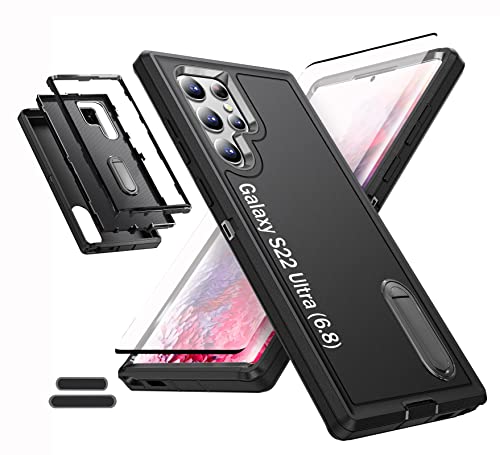 Case is Specially Designed for Galaxy S22 Ultra 6.8 Inch, Full Body Protection Heavy Duty Shock Absorbing 3 in 1 Silicone Rubber Built-in Stand with 1 Tempered Screen Protectors-Black - color: Black
