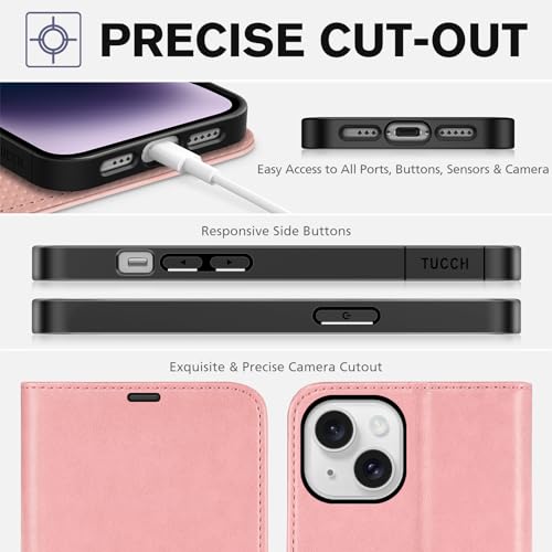 TUCCH Wallet Case for iPhone 14 (6.1") 2022, 4 Card Holders, Rose Gold | RFID Blocking, Viewing Stand, Shockproof TPU Shell, PU Leather, Magnetic Closure, Protective Folio Flip Cover - color: Rose Gold