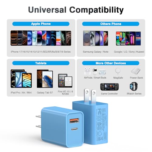 [20W/2Pack] Fast Charger Block, USB C Wall Charger, Charger Cube, Dual Port PD Fast Charging Block Brick Compatible for Watch Series 10 iPhone 15 16 17 Pro Max Airpod Brick Plug Power Adapter, Blue - color: Blue