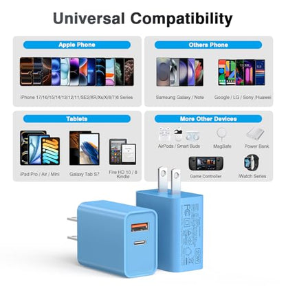 [20W/2Pack] Fast Charger Block, USB C Wall Charger, Charger Cube, Dual Port PD Fast Charging Block Brick Compatible for Watch Series 10 iPhone 15 16 17 Pro Max Airpod Brick Plug Power Adapter, Blue - color: Blue