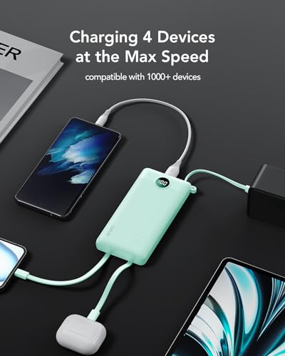 VRURC Portable Charger, 22.5W Fast Charging Power Bank Built‑in 4 Cables - color: Green