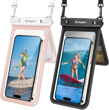 Rynapac IPX8 Double Space Waterproof Phone Pouch up to 8.5", 2 Pack | Face Unlock, Touchscreen, Underwater Photography, for iPhone 17 16 15 14 Pro Max, Includes Lanyard, Beach Cruise Essentials - color: Black & Light Pink