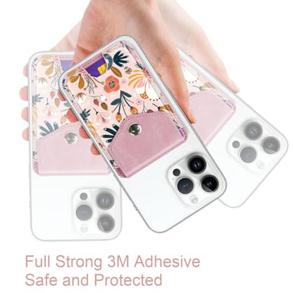 Self Adhesive Card Holders for Back of Phone, Premium Leather RFID Phone Wallet Pockets with Snap, Card Holders Sleeve for Phone Case, Pink Flower - color: Pink Flower