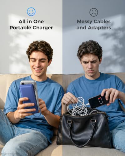 VEGER Portable Charger for iPhone, Power Bank Built in Cables and Wall Plug - color: Navy