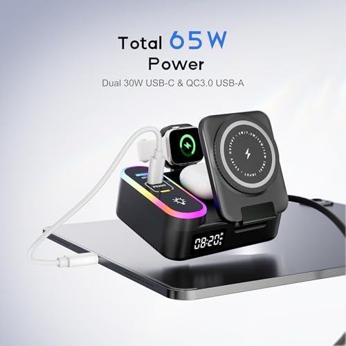 8-in-1 Foldable Wireless Charging Station for Apple Devices with Clock, 65W - color: Black
