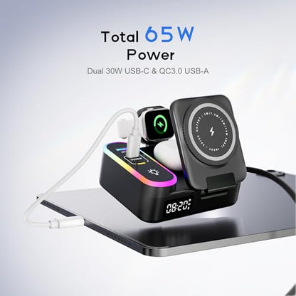8-in-1 Foldable Wireless Charging Station for Apple Devices with Clock, 65W - color: Black