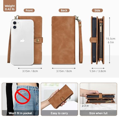 TwoHead for iPhone 11 Wallet case with 11 Card Holder (Brown) | Detachable Magnetic Phone Case, PU Leather Wallet for Women/Men,Wireless Charging Compatible,with Wrist Strap - color: Brown