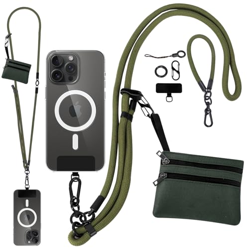 Newlibery Cellphone Lanyard Crossbody, Clip and Go Strap with Wallet, Adjustable Anti-Theft Cell Phone Chain for All Phones (Army Green) - color: Army Green