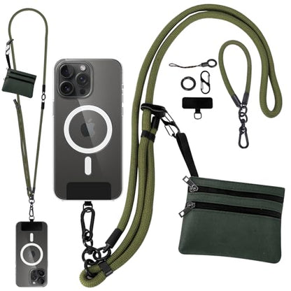 Newlibery Cellphone Lanyard Crossbody, Clip and Go Strap with Wallet, Adjustable Anti-Theft Cell Phone Chain for All Phones (Army Green) - color: Army Green