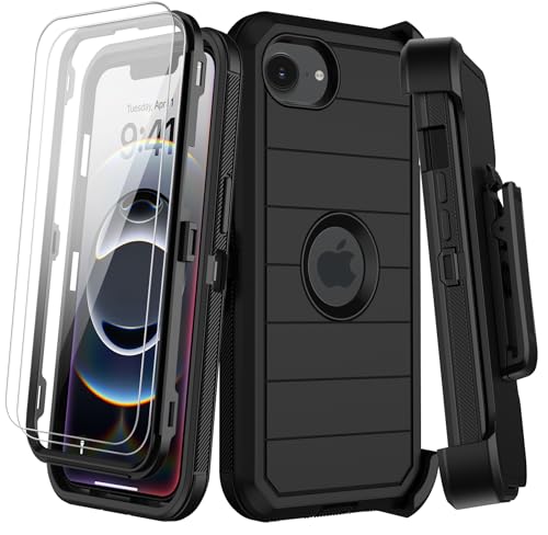 for iPhone 16e Case with Belt Clip Holster,iPhone 17e Cases w/Screen Protector,Heavy Duty Shockproof Drop Protection Military Grade 3 Layers Full Body Rugged Durable Phone Cover for Apple 16e (Black) - color: Black