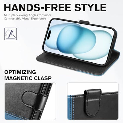 TUCCH Wallet Case for iPhone 15 (6.1"), 4 Card Holders, Black & Light Blue | RFID Blocking, Viewing Stand, Shockproof TPU Shell, PU Leather, Magnetic Closure, Protective Folio Flip Cover - color: Black & Light Blue