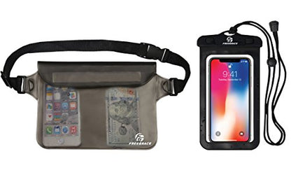 Freegrace Waterproof Pouches with Waist Strap / Pouch Case Bundle Set- Keep Your Phone & Valuables Dry and Safe - Waterproof Dry Bags for Boating Swimming Snorkeling Kayaking Beach Water Parks Pool - color: Gray + Waterproof Case
