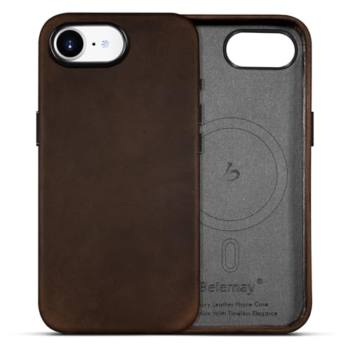 Belemay Handcrafted Crazy Horse Leather Case for iPhone 17e / iPhone 16e, Compatible with MagSafe, Vintage Aesthetic, Two-Tone Effect, Unique Patina, Metal Buttons Cover (6.1"), Rustic Brown - color: Rustic Brown