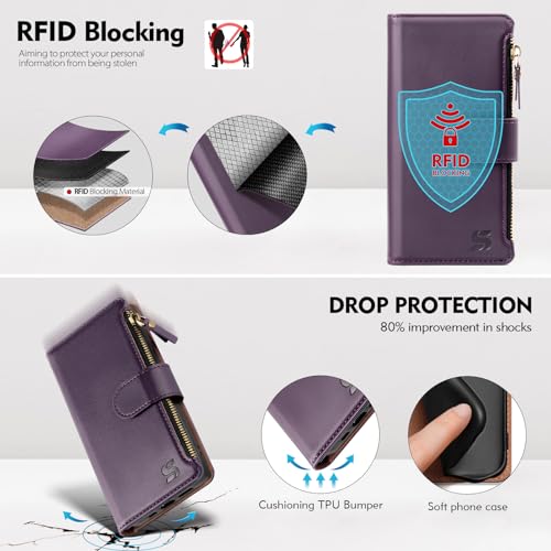 Shieldtop Compatible with Samsung Galaxy S23 Ultra 5G Wallet Case with Card Holder,Women Men RFID Blocking PU Leather Phone Case Flip Protective Cover Wrist Strap Zipper Credit Card Slots,Dark Purple - color: Dark Purple, size: Galaxy S23 Ultra - 6.8"