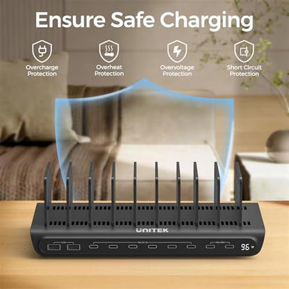 Unitek 10 Port 96W USB C Charging Station with 2X 65W PD, Fast Charger Dock - color: Black, size: 96W, Pack of 1