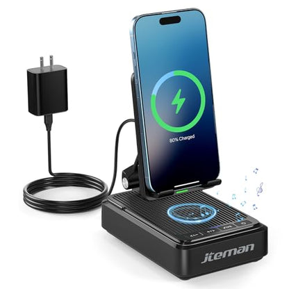 Jteman Cell Phone Stand with Bluetooth Speaker and Wireless Charger - color: Black