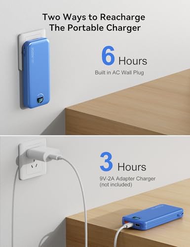 Portable Charger Power Bank 10000mAh with Built in Cables & Wall Plug - color: Steel Blue