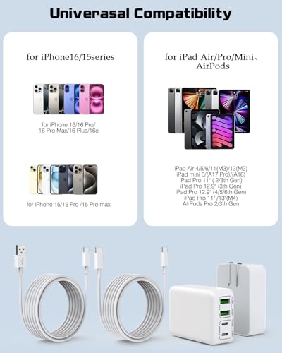 10Foot iPhone USBC Charging Cable,40W 2Pack Foldable Phone 17/16e Fast Charger Block 10FT USBC Cable Fast Charging for Apple iPhone 17/17 Air/17 Pro/16/16 Pro/16 Pro Max/16 Plus 15/15 Pro/Pro Max/iPad