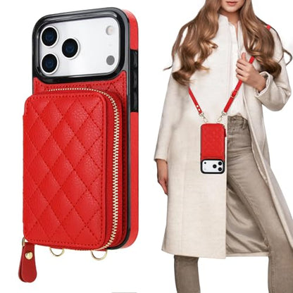 Bocasal Crossbody Wallet Case Card Holder for iPhone 17 Pro Max Red | RFID Blocking PU Leather Zipper Handbag Purse, Kickstand Flip Folio Case with Card Slots Holder Wrist Strap Lanyard 6.9 Inch - color: Red