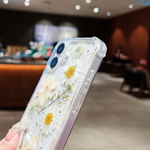 Compatible with iPhone 17 Case Clear Cute Real Flowers Shockproof | Handmade Natural Pressed Dried White Flower Gliter Soft TPU Slim Protective phone cover for iphone 17 - color: White Flower, size: iphone 17