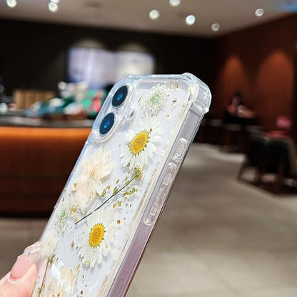 Compatible with iPhone 17 Case Clear Cute Real Flowers Shockproof | Handmade Natural Pressed Dried White Flower Gliter Soft TPU Slim Protective phone cover for iphone 17 - color: White Flower, size: iphone 17