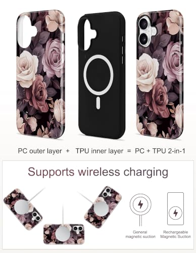 Jusy Magnetic Floral Phone Case for iPhone 15 Pro,Black Rose | Compatible with MagSafe, Cute Aesthetic Striped Design, TPU and PC Protective Shockproof Cover - color: Black Rose