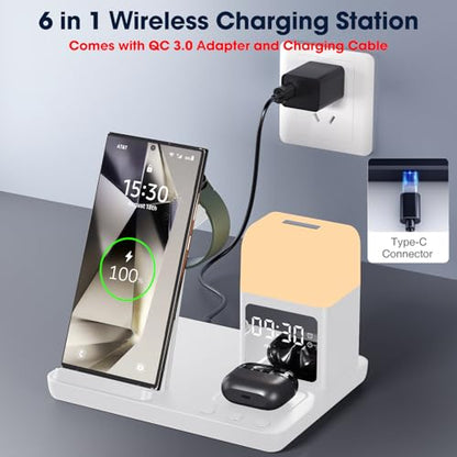 Wireless Charger for Samsung/Android, 6 in 1 Phone Nightstand Charging Station Charger with Alarm Clock/Night Light for Samsung S26/S25/S24 Ultra/Buds4,Watch Charger for Galaxy Watch 8/7/6/5 - color: Pearl