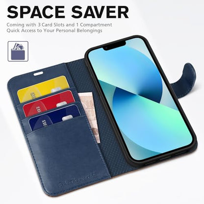 TUCCH Wallet Case for iPhone 13 (6.1") 2021, Flip Stand, Blue & Brown | RFID Blocking, 3 Card Holders, Kickstand, PU Leather, Shockproof TPU Shell, Magnetic Closure, Protective Folio Cover - color: Blue & Brown
