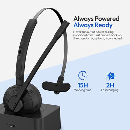 PHILIPS Wireless Headset with Mic for Work, Mono Bluetooth Trucker Headset with AI Noise Cancelling Microphone & Mute Button, All Day Extended Talk Time, Headphones for Office Call Center Computer PC