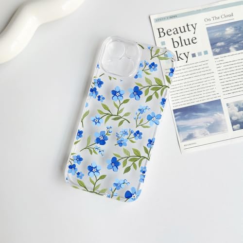 NITITOP Compatible with iPhone 15 Pro Case Clear Cute Flower - Blue | Branch, Floral, Precision camera cutouts, For girl woman, Slim fit, Soft TPU, Shockproof - color: Blue