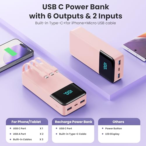 Portable Charger Power Bank 50800mAh,25W USB C Fast Charging Battery Pack with 3 Built in Cables & LED Display,6 Outputs 2 Inputs Travel Essentials Phone Charger for iPhone 18/17/16/15,Android,Pink - color: Pink