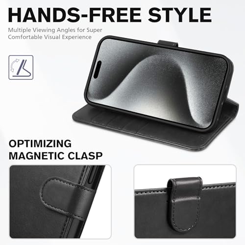 TUCCH Wallet Case for iPhone 15 Pro Max (6.7") 2023, 4 Card Holders, Black | RFID Blocking, Viewing Stand, Shockproof TPU Shell, PU Leather, Magnetic Closure, Protective Folio Flip Cover - color: Black