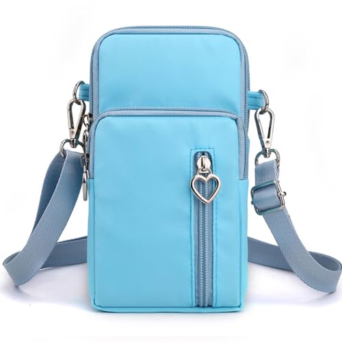 Small Crossbody Bag for Women, Multi Zip Pockets Nylon Wallet Purse Credit Card Holder with Detachable Hand Strap - color: Lightblue